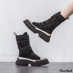 Olivia Mark - Vintage Distressed Work Boots with Thick Soles: Retro Canvas Martin Boots with Denim Design Rare Shoes, Denim Flats, Canvas Flats, Canvas Shoe, Canvas Boots, Black High Tops, Cowboy Style, Retro Sneakers, Martin Boots