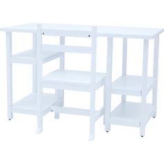 two white shelving units with one shelf on each side and the other half open