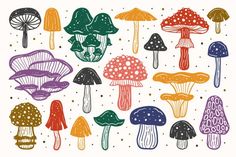 a bunch of different colored mushrooms on a white background with polka dot dots in the middle