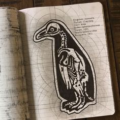 an open book with a drawing of a bird on it's cover and skeleton in the background