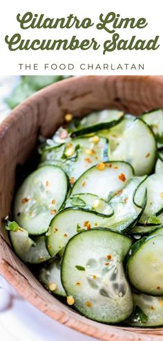 cucumber salad in a wooden bowl with text overlay that reads, the food charatan