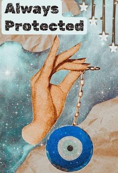 a hand holding a blue object with the words always protected above it and stars in the background