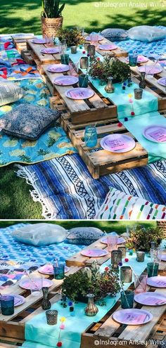 an outdoor picnic table is set up with plates and cups on it, along with other items