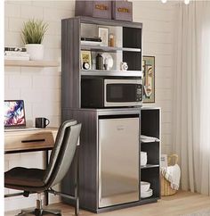 a microwave oven sitting on top of a wooden shelf next to a desk with a chair