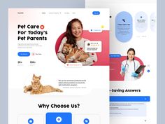 the landing page for pet care is displayed on two different screens, one with an image of a woman holding a dog