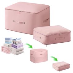 the pink suitcase is next to several folded sheets and pillows, with green arrows pointing towards it