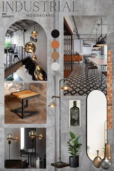 an industrial design mood board with different lighting fixtures and decor items, including a dining table