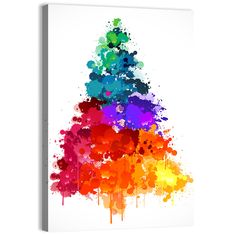 an abstract christmas tree with colorful paint splatters on the bottom and white background