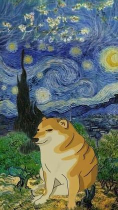 a dog sitting on the ground in front of a night sky with stars and clouds