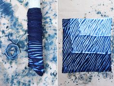 blue and white items are displayed in three different ways, including an umbrella with stripes on it