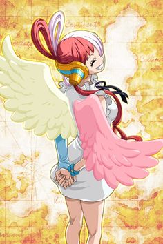 an anime character with pink hair and angel wings on her back, holding a phone