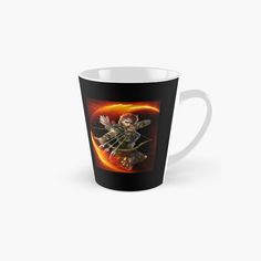 a cup with an angel holding a bow and arrow on it, in flames tall mug