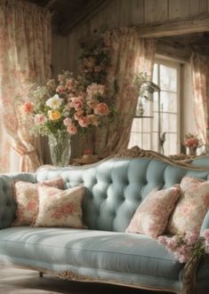 a blue couch sitting in front of a window filled with flowers