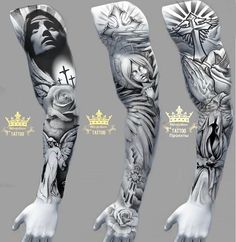 some tattoos on the arms and arm are all different styles, but one is black and white