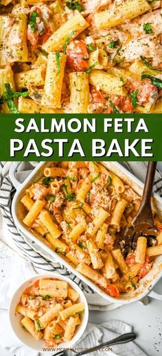 salmon feta pasta bake in a casserole dish