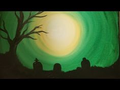 an acrylic painting of two tombstones in front of a green and yellow sky