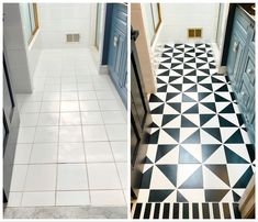 before and after photos of a bathroom floor that has been painted white with black triangles