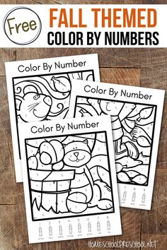 two color by number worksheets for fall with the text, fall themed color by numbers