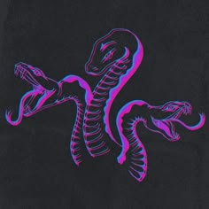 a blue and pink drawing of a snake on a black background by corbi