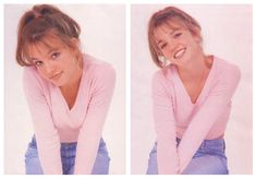 two pictures of a woman in pink shirt and jeans sitting on the ground with her arms crossed