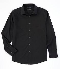 From Murano&#x2C; this woven shirt features:solid tonepoint collarlong sleevesbutton frontcurved hemclassic fitcotton/spandexmachine washImported. Black Shirt Button Up, Men Shirt Black, Mens Black Button Up, Men’s Black Shirt, Black Button Down, Button Up Shirt Png, Black Dress Shirt Outfit Men, Fancy Clothes Men, Black Button Up