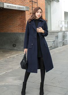 "★★ FEATURES 50% wool, 50% other fiber, nylon Polyester lining Single breasted Two pockets Long sleeve Fit and flare coat Perfect for autumn, winter Dry clean ★★ The model's height approx 170cm (5′ 7″) with the 84cm (33\") bust, 66cm (26\") waist. She is wearing the navy blue wool coat in size XS. ★★ Please select custom order according to the follow situation Request the length Request Chang the sleeve length Your height is not between 155cm- 175cm Your weight is not between 47kg -77kg ★★ Get y Peacoat Womens Outfit Winter, She In Winter Outfits, Luxury Navy Single-breasted Pea Coat, Fitted Winter Coat, Navy Wool Coat Nordstrom, Navy Peacoat Women Outfit, Dark Blue Coat Outfits For Women, Navy Blue Long Coat Outfit, Navy Coat Outfits For Women