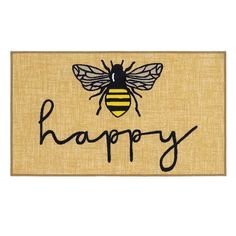 a door mat that says happy with a bee on it