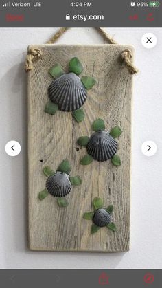 a wooden plaque with sea shells and green leaves on it, hanging from a rope