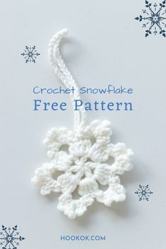 a crochet snowflake is shown with the text free pattern on it