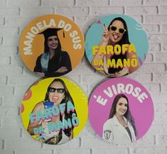 three pinback buttons with the words farofa manano, fe virose de lunano and farofa do uso on them