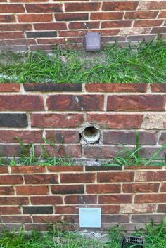 an old brick wall with grass growing on it and a hole in the middle that is missing