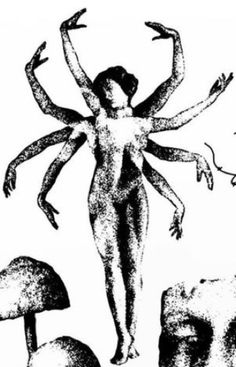 an image of a woman surrounded by mushrooms and other things in black and white ink