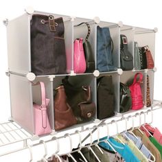 a rack with multiple bags and purses on it