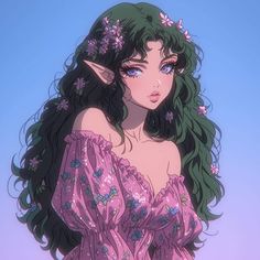 a woman with long green hair and flowers in her hair, wearing a pink dress