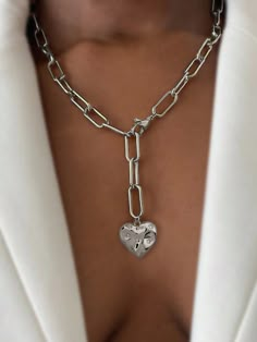 Cubic Zirconia Decor Heart Charm Necklace Silver    Copper     Women Fashion Jewelry, size features are:Bust: ,Length: ,Sleeve Length: Chain Necklace Women Silver, Thick Necklace, Pewter Jewelry, Necklace Outfit, Heart Charm Necklace, Medieval Jewelry, Ring Der O, Gothic Jewelry