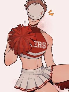 a drawing of a cheerleader with her pom - poms in front of her face