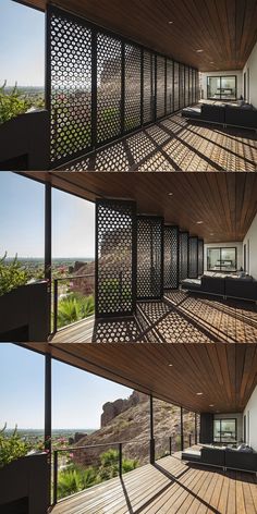 three pictures of the inside of a house with wooden floors and walls, including an open patio