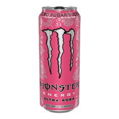 a can of monster energy drink with pink and white designs on the side, in front of a white background