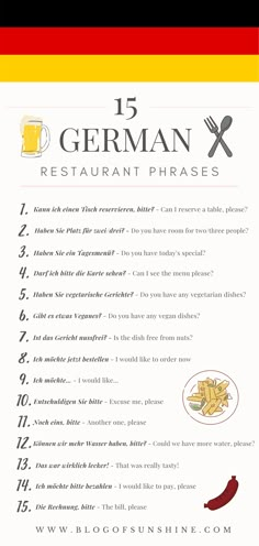 a german restaurant menu with the words 15 german restaurant phrases written below it