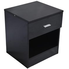 a black nightstand with one drawer open