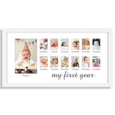 a baby's first year is shown in this white frame