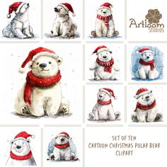 watercolor polar bears wearing christmas hats and scarves with the caption set of ten