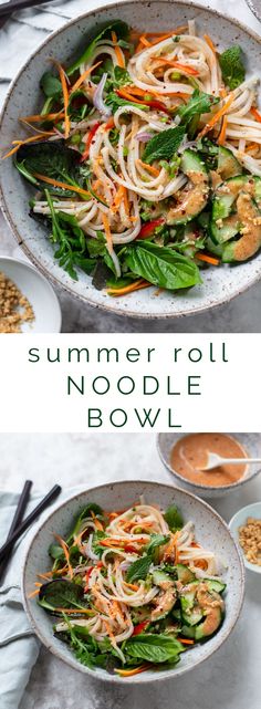 two bowls filled with noodles, carrots and spinach