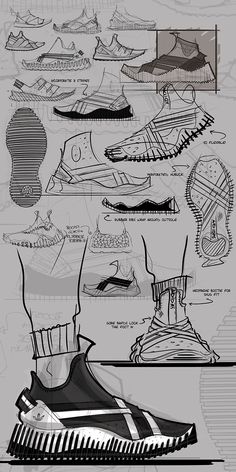 a drawing of different types of shoes in black and white