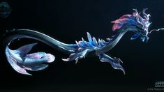 a blue and purple dragon statue on a black background with water droplets coming out of its wings