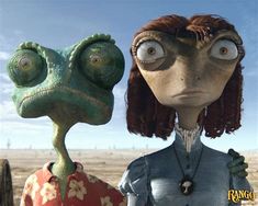 two cartoon characters are standing next to each other in front of a desert landscape with blue sky and clouds