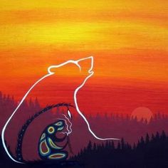 a painting of a bear with the sun setting in the background