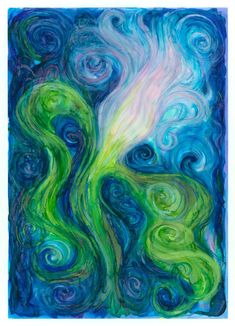 an abstract painting with blue, green and white swirls