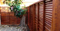 a tall wooden fence next to a potted plant