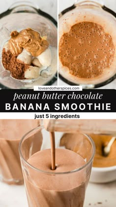 peanut butter chocolate banana smoothie just 5 ingredients in a blender with text overlay